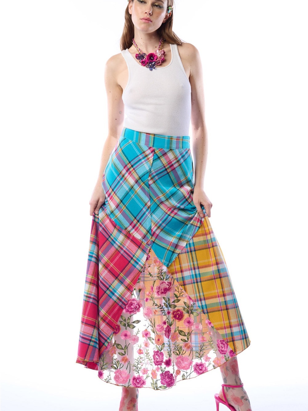 Aratta Multicolor Plaid & Floral Panel Maxi Skirt